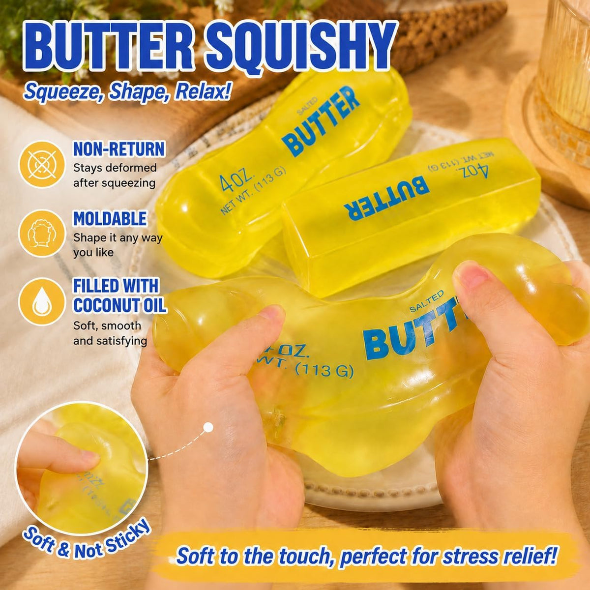 Big Coconut Oil Butter Squishy Toy, Butter Stick Shaped Squishy Stress Relief Toy, Moldable Non-Rebound Squeeze Toy, Realistic Butter Desk Toy for Teens and Adults
